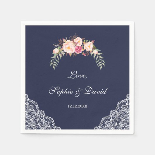 Serviette En Papier Charm Blush rose Fleurs dentelle Mariage Marine (Devant)