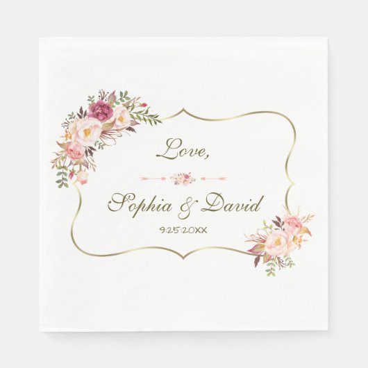 Serviette En Papier Charm Gold Blush rose Mariage floral (Devant)