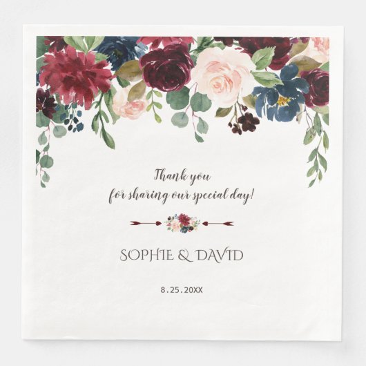 Serviette En Papier Charm Merlot Marine Blue Floral Mariage (Devant)