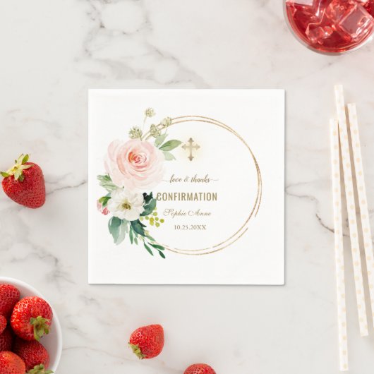 Serviette En Papier Charm Rose Blush Floral Gold Cross Confirmation (En situation)