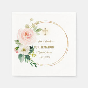 Serviette En Papier Charm Rose Blush Floral Gold Cross Confirmation