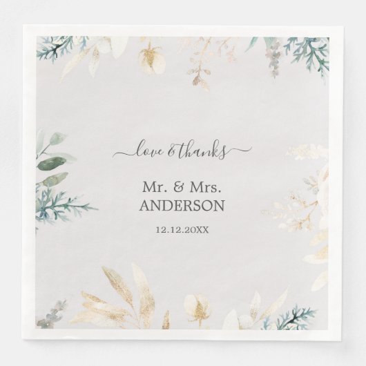 Serviette En Papier Charmant Aquarelle Verdure Mariage Or (Devant)