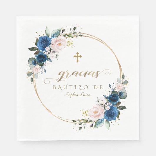Serviette En Papier Charme Espagnol Blush Fleurs Bleues Or Girl Bautiz (Devant)