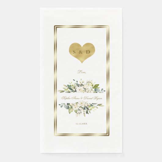 Serviette En Papier Charme Fleurs blanches or Monogramme Mariage (Devant)