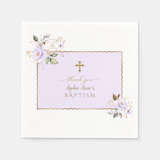 Serviette En Papier Charme Fleurs d'or violet clair Baptême (Devant)