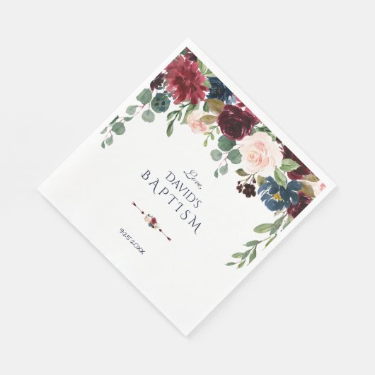 Serviette En Papier Charme Merlot Marine Bleu Floral Baptême (Coin)