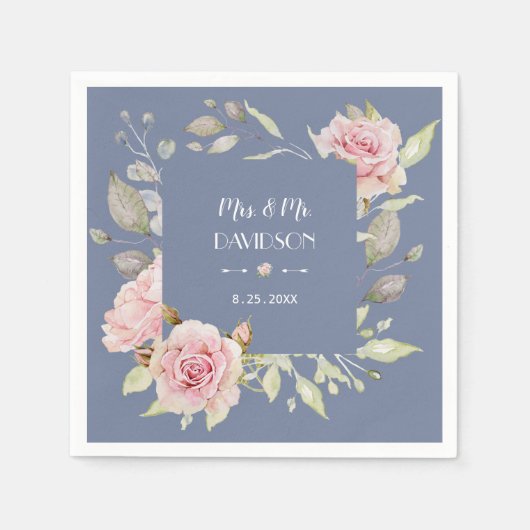 Serviette En Papier Charme rose Floral Dusty Blue Mariage (Devant)