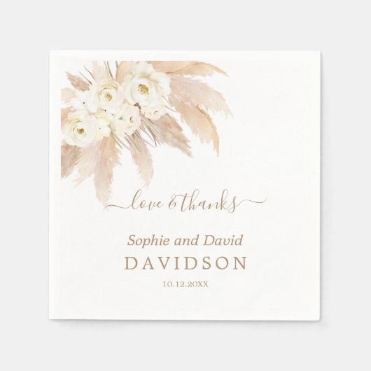 Serviette En Papier Charme Roses Blanches Pampas Mariage en herbe (Devant)