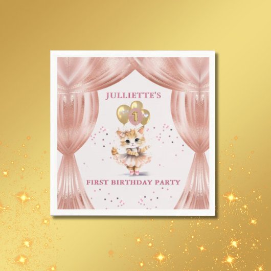 Serviette En Papier Charming Dancing Kitten Photo First Birthday Girl