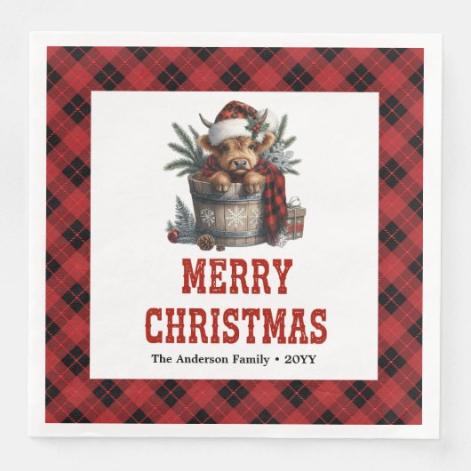 Serviette En Papier Charming highland cow holiday red black tartan (Devant)