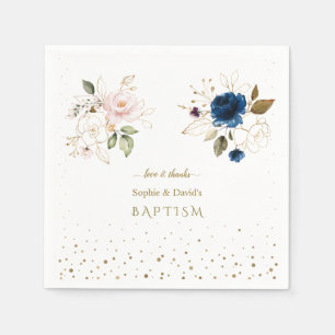 Serviette En Papier Charming Rose Blue Gold Flowers Twins Baptême