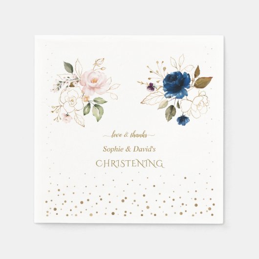 Serviette En Papier Charming Rose Blue Gold Flowers Twins Christening (Devant)