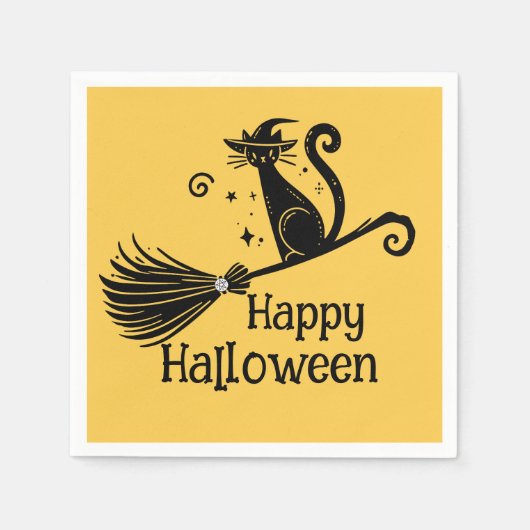 Serviette En Papier Chat à sorcière noire sur Halloween en bâton de Br (Devant)