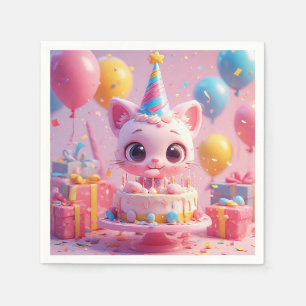 Serviette En Papier Chat Animé Adorable Fêtant un Anniversaire