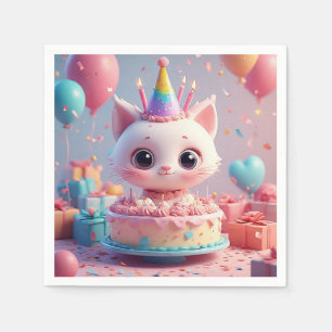 Serviette En Papier Chat Animé Adorable Fêtant un Anniversaire