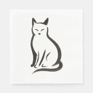 Serviette En Papier Chat assis - Silhouette d'encre minimaliste sur