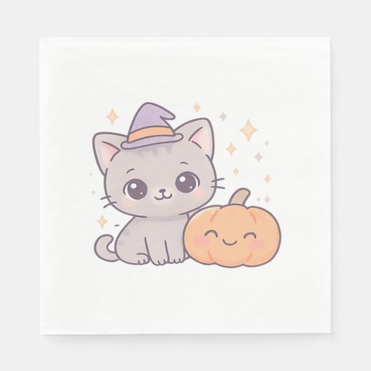 Serviette En Papier Chat avec sorcière Casquette et Citrouille sourian (Devant)