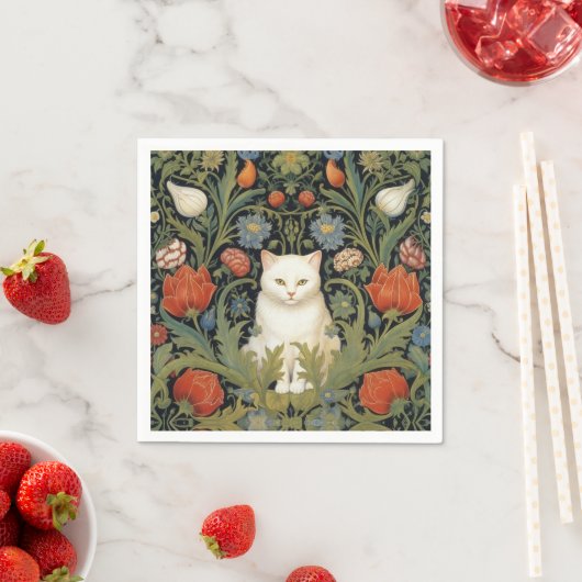 Serviette En Papier Chat blanc Art nouveau dans le jardin (En situation)