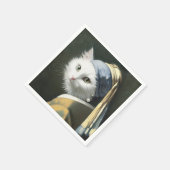 Serviette En Papier Chat blanc avec une perle à oreille peinture (Coin)