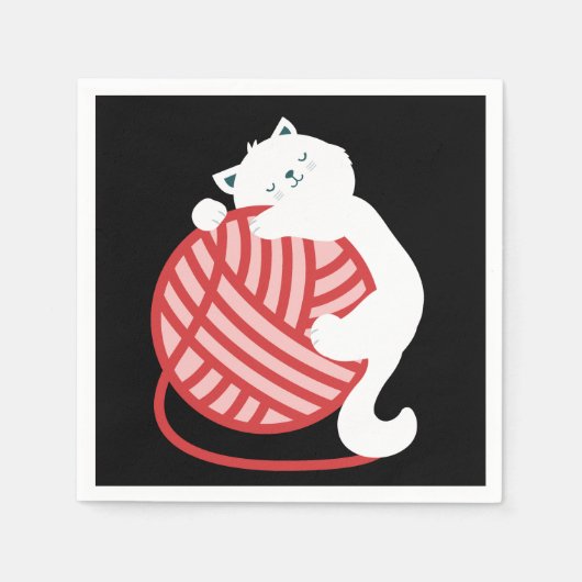 Serviette En Papier Chat blanc mignon avec boule de fil (Devant)