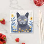 Serviette En Papier Chat Bleu Russe Fleurs Jaunes (En situation)