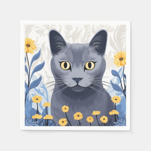 Serviette En Papier Chat Bleu Russe Fleurs Jaunes (Devant)