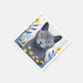 Serviette En Papier Chat Bleu Russe Fleurs Jaunes (Coin)