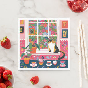 Serviette En Papier Chat calicot sur appui de fenêtre Pop Art