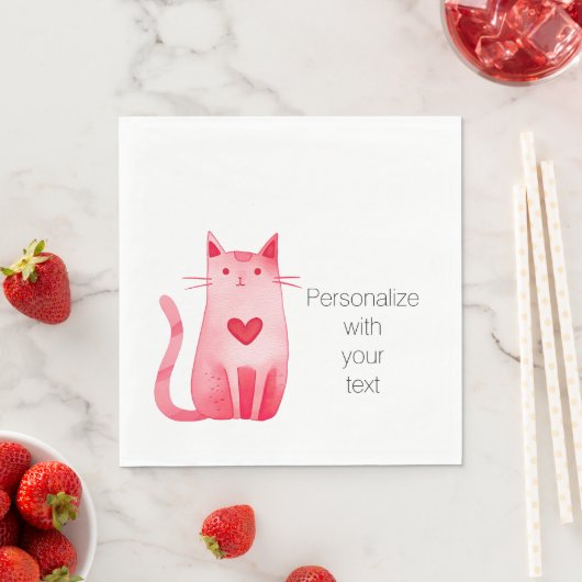 Serviette En Papier Chat Coeur Rose Personnalisé (En situation)