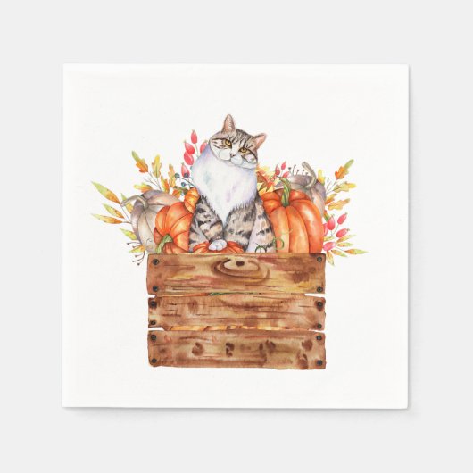 Serviette En Papier Chat d'automne et citrouilles en boîte (Devant)