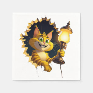 Serviette En Papier Chat de dessin animé géant tenant une lampe à trav