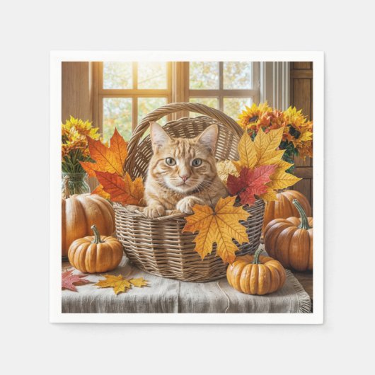 Serviette En Papier Chat de gingembre dans le panier d'automne (Devant)