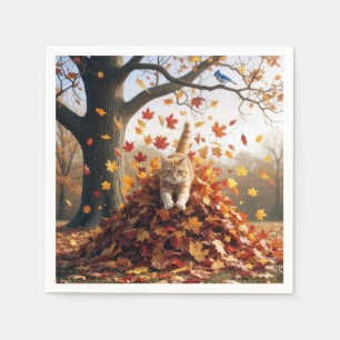 Serviette En Papier Chat de gingembre sautant de la feuille d'automne