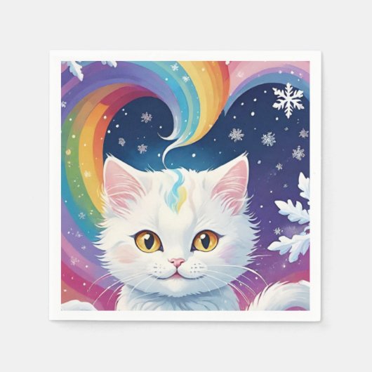 Serviette En Papier Chat de Noël à la neige blanche (Devant)
