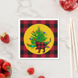 Serviette En Papier Chat de Noël, Arbre et Buffalo rouge plaid rustiqu