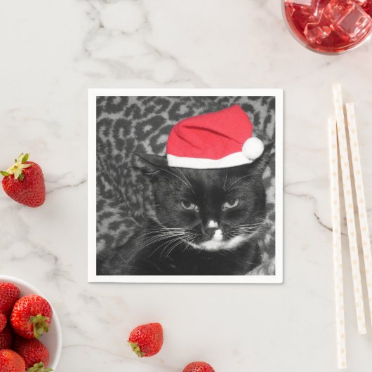 Serviette En Papier Chat de Noël avec casquette Père Noël (En situation)