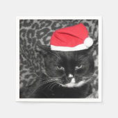 Serviette En Papier Chat de Noël avec casquette Père Noël (Devant)