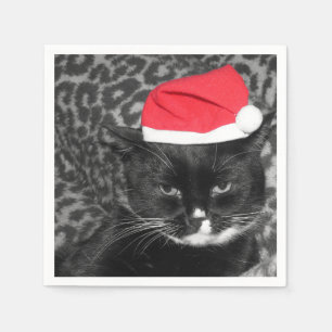 Serviette En Papier Chat de Noël avec casquette Père Noël