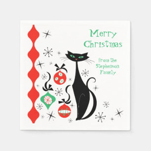 Serviette En Papier Chat de Noël Rétro Rayure Latérale Texte Joyeux No