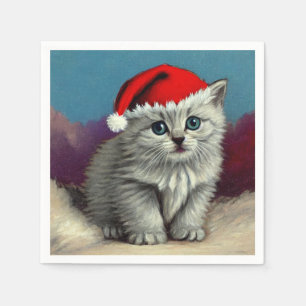 Serviette En Papier Chat de Noël vintage avec chapeau de Père Noël