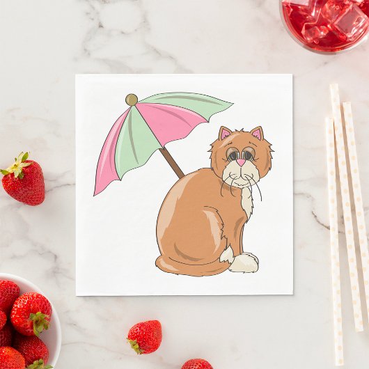 Serviette En Papier Chat de plage avec parapluie rose et vert