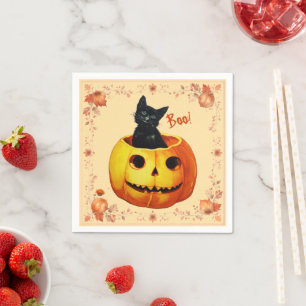 Serviette En Papier Chat d'Halloween en Coussin Citrouille