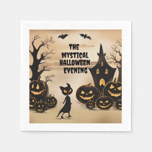 Serviette En Papier Chat d'Halloween et Maison hantée (Devant)