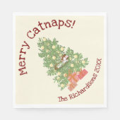 Serviette En Papier Chat drôle sur Chistmas Tree Joyeux Catnaps! Crème (Devant)