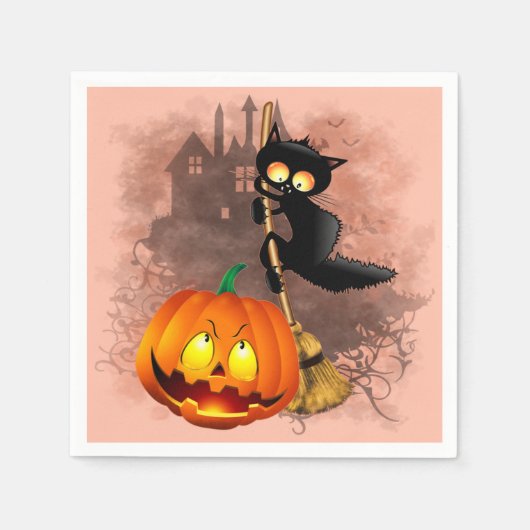 Serviette En Papier Chat effrayé par Citrouille Fun Halloween caractèr (Devant)