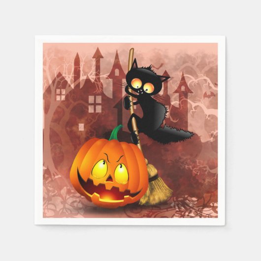 Serviette En Papier Chat effrayé par Citrouille Fun Halloween caractèr (Devant)