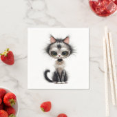 Serviette En Papier Chat En Dessin Avec Collier En Perle (En situation)