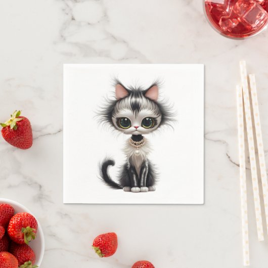 Serviette En Papier Chat En Dessin Avec Collier En Perle (En situation)