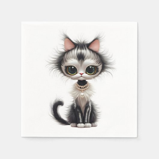 Serviette En Papier Chat En Dessin Avec Collier En Perle (Devant)