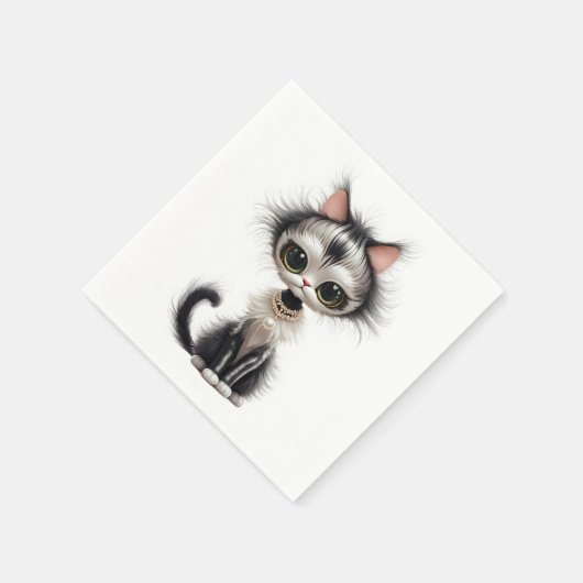 Serviette En Papier Chat En Dessin Avec Collier En Perle (Coin)